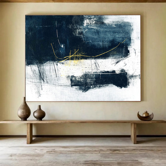 “Navy - Gold Abstract Strokes” - Navy, Gold, White, Black with Expressive Lines - Abstract Acrylic HB1365