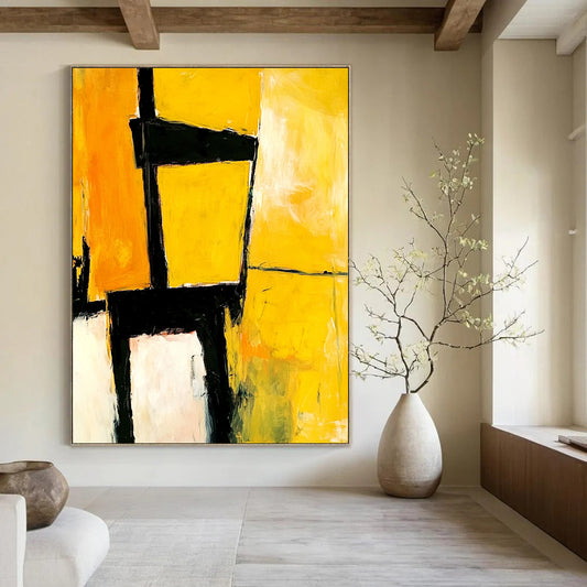 Contemporary abstract artwork showcasing an electrician's chair in vibrant yellow and black shades by Mariling & Jay Mead for a striking visual impact. DLZ0949