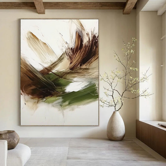 Contemporary hand-painted abstract art features a rich green, brown, and white palette with textured brush strokes and a dark beige backdrop. DLZ0447