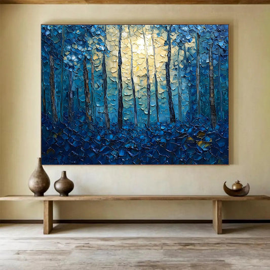 “Moonlit Forest in Blue” - Blues, Yellows, Browns, Textured Forest Scene - Impasto Landscape Painting HB1557