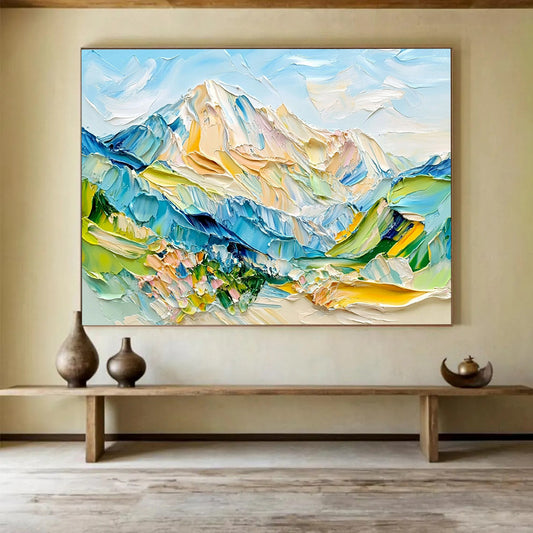 “Color - Drenched Alpine Vistas” - Blue, Green, Yellow, Pink, Lively Mountainscape Painting On Canvas HB1021