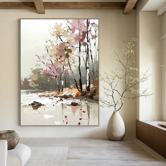 Contemporary abstract art features a soft palette knife technique with light pink and beige tones, showcasing trees by the river in a dreamy, blurred style. DLZ1113