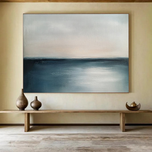 “Serene Horizon” - Soft Gray and Deep Blue, Calm Sea and Sky Painting On Canvas HB0906