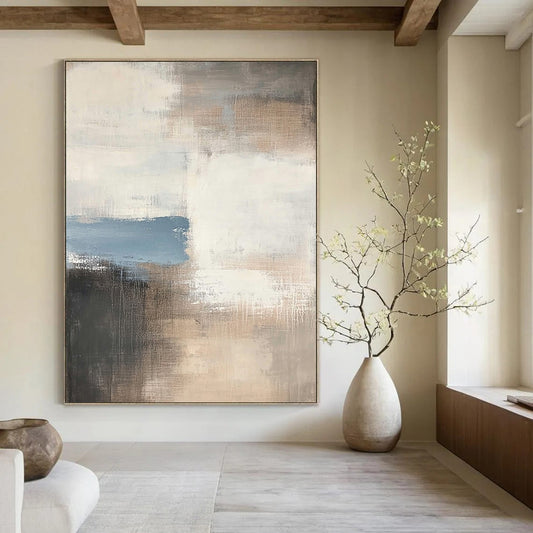 Contemporary hand-painted abstract art featuring soft beige and gray tones accented with hints of blue, perfect for enhancing any modern space. DLZ1057