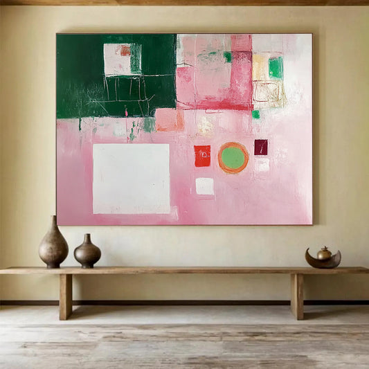“Pink and Green Collage” - Pink, Green, White, Mixed Geometric Elements - Modernist Acrylic Painting HB1538