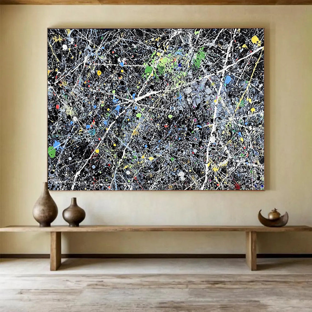 “Colorful Splatter Abstract” - Black, Colorful Splatters, White Lines - Painting On Canvas HB1433