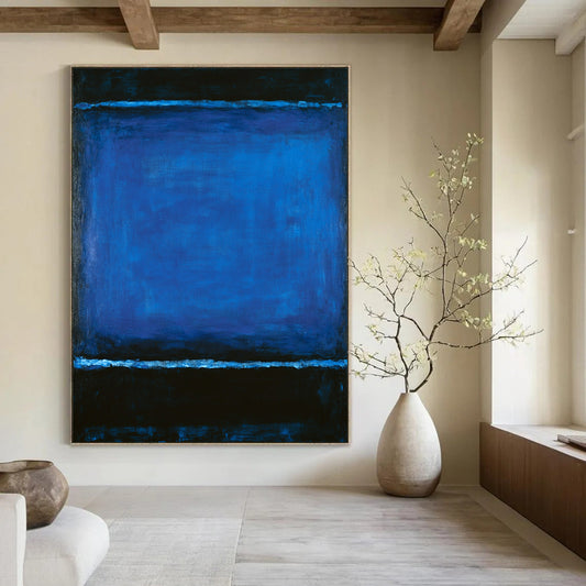 Contemporary hand-painted abstract artwork featuring deep blue and black hues inviting emotional reflection and creating an atmospheric meditative experience. DLZ1593