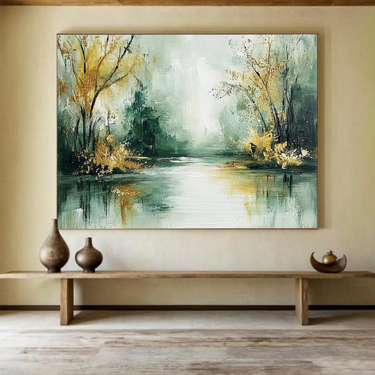 “Misty River with Golden Trees” - Green, gold, gray; Abstract river and trees; Impressionistic Oil Painting On Canvas HB1195