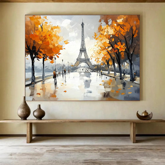 Gray, Orange, Blue and White Eiffel Tower Scene "Parisian Autumn" Painting On Canvas HB0665