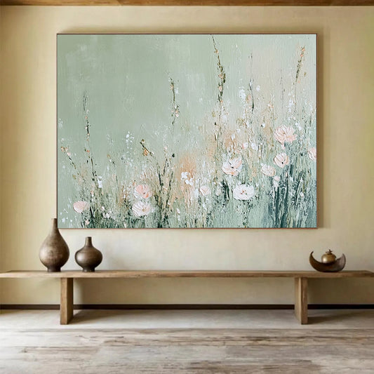“Minimalist Floral on Sage” - Sage, Pink, Flowers, Textured Painting On Canvas HB0758