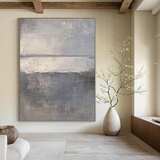 Large contemporary hand-painted abstract art featuring soft gray and white hues with tranquil sea elements creating a serene and calming atmosphere. DLZ0281
