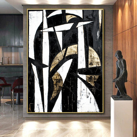 Black, White and Gold Geometric Abstraction "Timeless Contrast" Painting On Canvas HB338