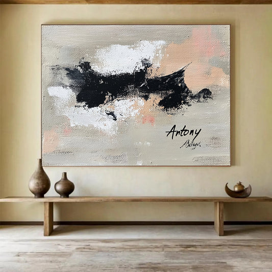 “Abstract Black Splatters” - Black, white, beige, pink, Abstract Expressionist Painting HB0621
