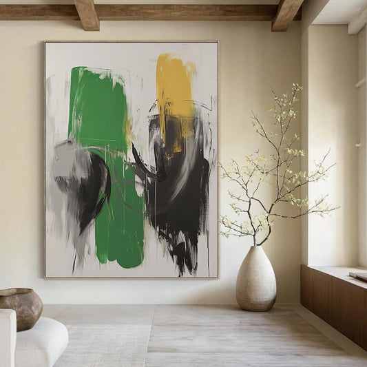 Large contemporary hand-painted abstract artwork featuring green and white tones with black strokes and blurred robot forms in dark gray. DLZ0523
