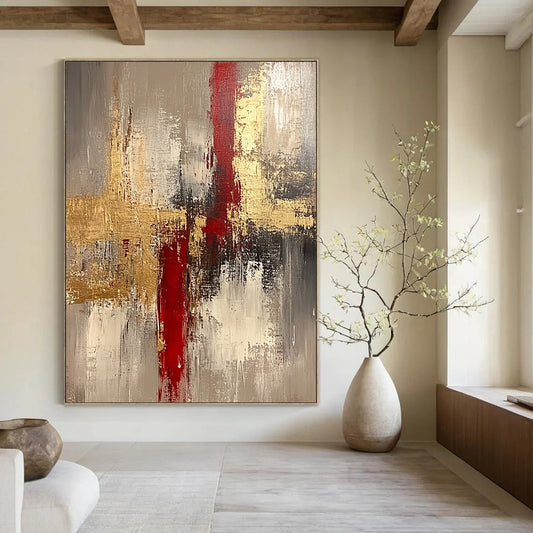 Contemporary hand-painted abstract artwork featuring rich beige tones enhanced with gold and red accents creating a striking visual experience. DLZ0438
