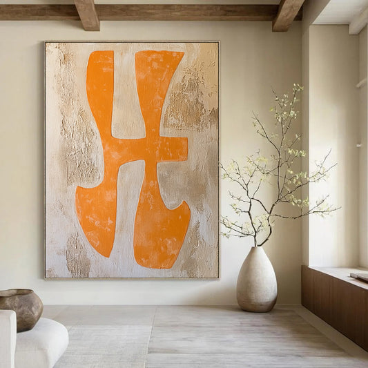 Contemporary abstract painting featuring orange "Xing" characters in a textured canvas with warm terracotta and pale yellow hues. DLZ1706