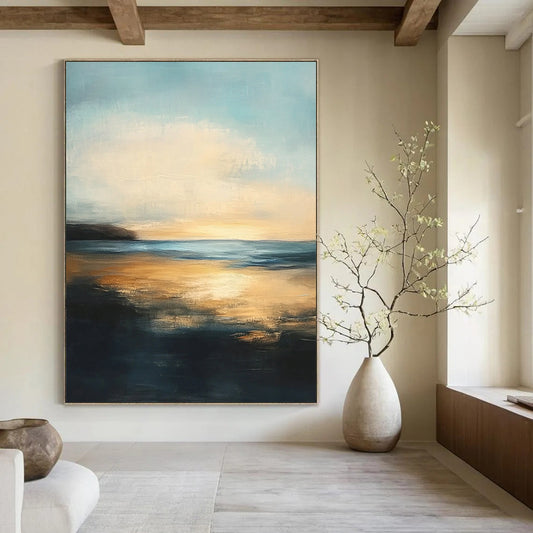 Contemporary abstract painting features a serene sea with golden sunset reflections and a tranquil sky, evoking peacefulness and contemplation in soft brushstrokes. DLZ0412
