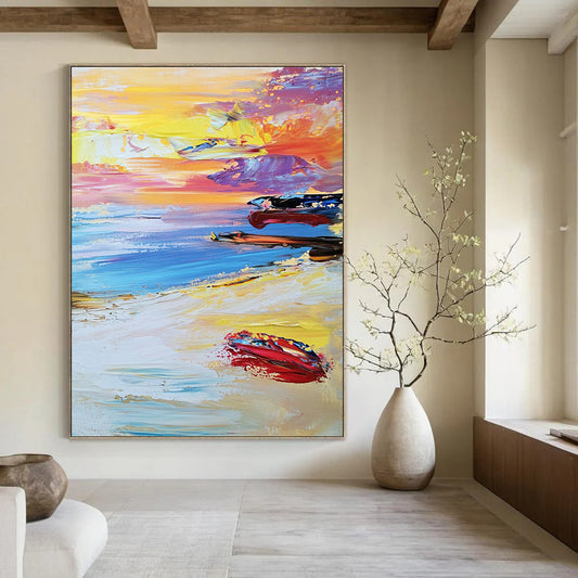 Contemporary abstract beach artwork features a vibrant sunset with colorful waves and boats under a dreamy pastel sky and soft white sand below. DLZ1504