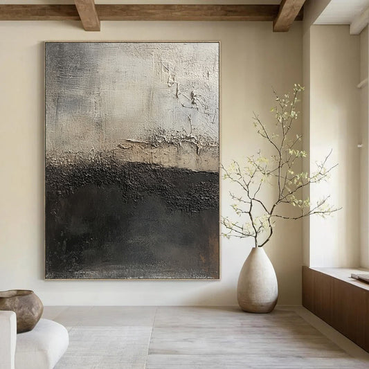 Contemporary large hand-painted abstract artwork featuring dark gray and light brown textures highlighting decay against an abstract dark gray and white background. DLZ1295