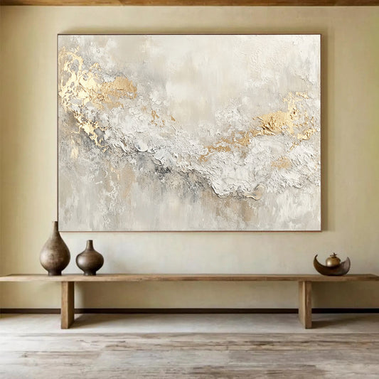 “Gilded Texture” - Beige, White, Gold with Textured Swirls - Abstract Acrylic Painting HB1337