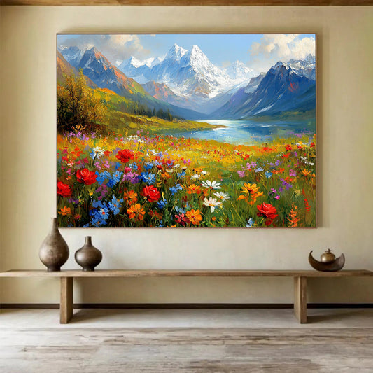 “Alpine Flower Meadow” - Colorful, Mountainous Landscape Painting On Canvas HB0689
