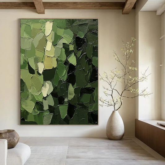 Contemporary abstract painting showcasing shades of green with textured leaf and branch motifs symbolizing stealth and organic beauty in foliage-like depth. DLZ1074