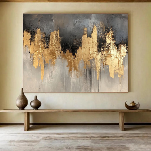“Gold and Gray Abstract Skyline” - Gray, gold; Abstract skyline with gold accents; Acrylic Painting On Canvas HB1244