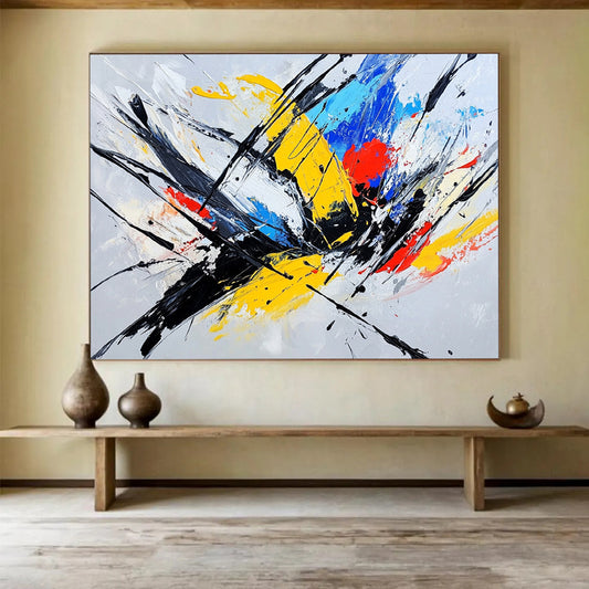 “Dynamic Color Splashes and Black Strokes” - Yellow, blue, red, black, white; Energetic color splashes with bold black strokes; Expressive Acrylic Painting On Canvas HB1201