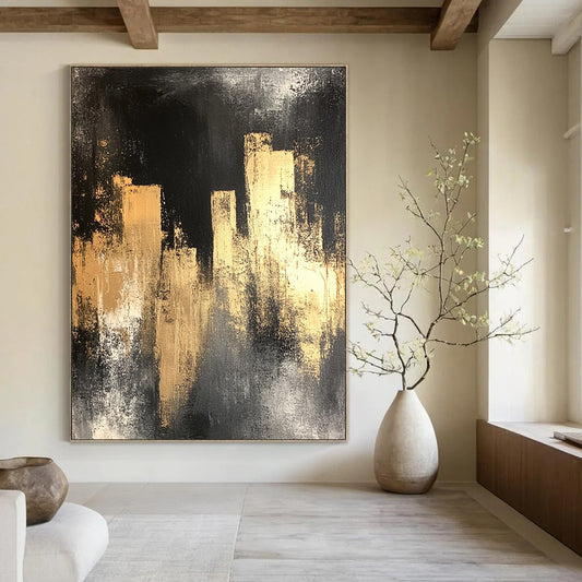 Contemporary hand-painted abstract art featuring a black silhouette of city lights with gold and silver hues on a distressed dark grey background. DLZ0901