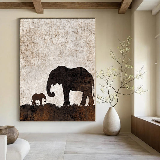 Contemporary abstract artwork featuring an elephant silhouette with calf on a textured brown and white background, perfect for any modern space. DLZ1088