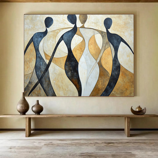 “Abstract Figures” - Black, white, beige, Abstract Figurative Painting HB0637