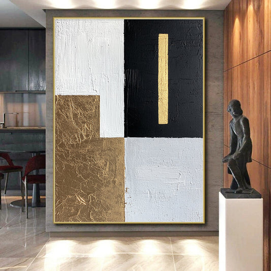 White, Black, Gold, Light Gray with Geometric Blocks "Elegant Division" Abstract Painting On Canvas HB011