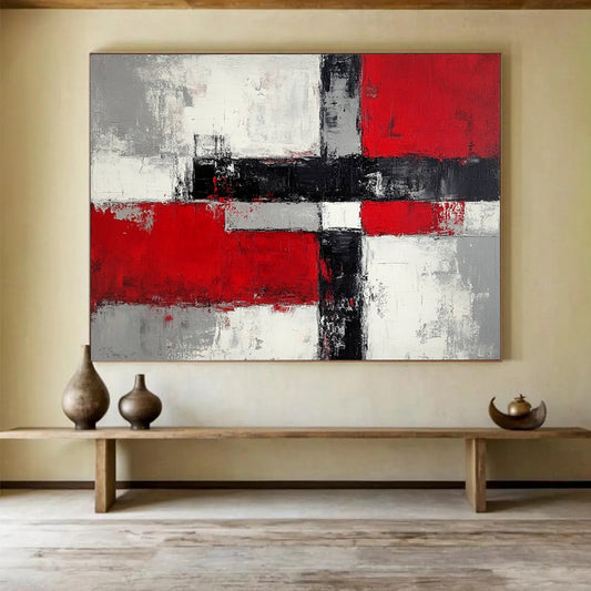 “Geometric Color Blocks” - Reds, grays, whites, blacks; Abstract geometric shapes; Minimalist Abstract Painting On Canvas HB1165