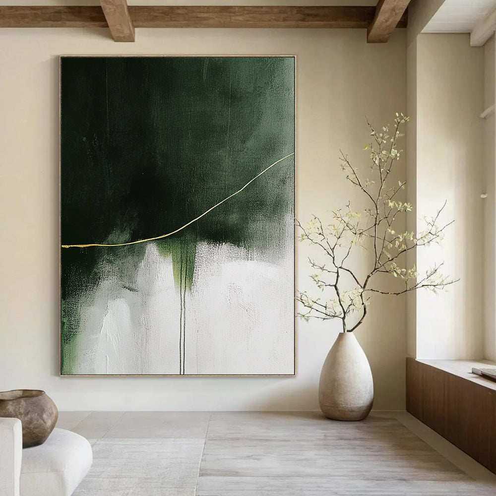 Contemporary abstract painting featuring a striking yellow line on a textured white and green background enhancing depth and visual impact. DLZ0847