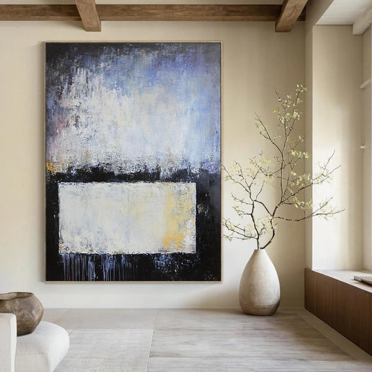 Contemporary hand-painted abstract artwork with blue gray and white layers soft edges textured metal elements evokes calmness and contemplation. DLZ0752