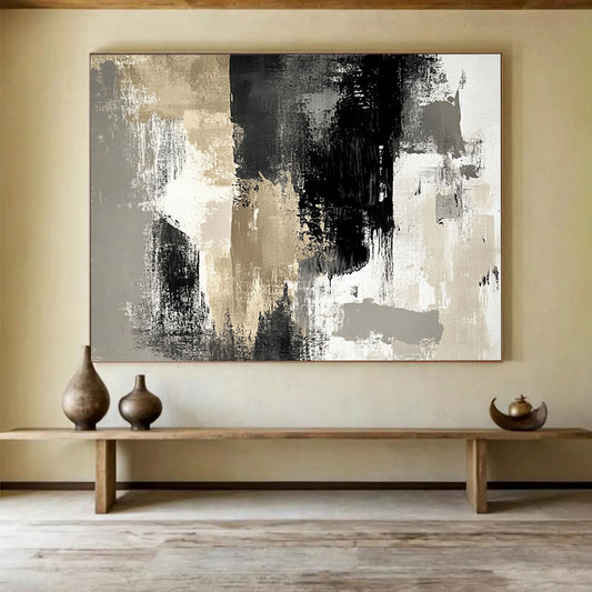 “Neutral Abstract Textures” - Beige, Gray, Black, White, Layered Textured Abstract Painting On Canvas HB0962
