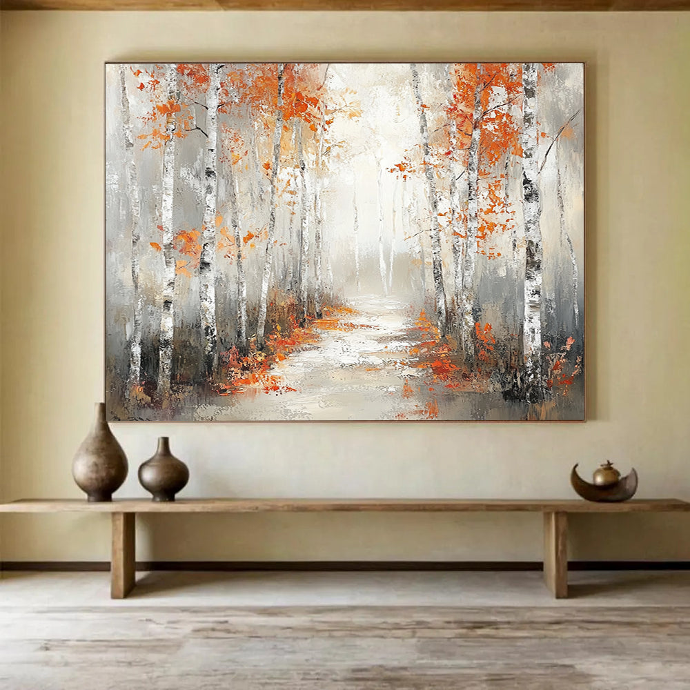 “Autumn Birch Pathway” - Orange, Gray, Birch Trees, Forest Path - Impressionist Landscape Painting HB1683