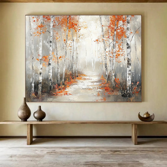 “Autumn Birch Pathway” - Orange, Gray, Birch Trees, Forest Path - Impressionist Landscape Painting HB1683