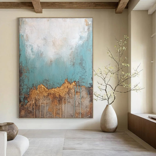 Contemporary hand-painted abstract art featuring an old textured wall with peeling teal and brown paint contrasted by a clean white top with golden drips. DLZ0905