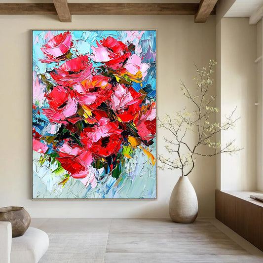 Bold contemporary abstract art featuring vibrant red roses with dynamic impasto texture and energetic brushstrokes for a striking visual impact. DLZ1158