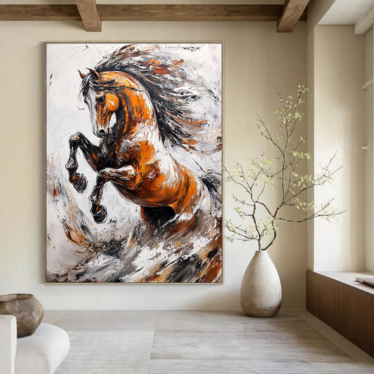 Contemporary abstract artwork featuring an elegant wild horse rearing up against splashes and waves in a dynamic light gray and brown palette. DLZ1665