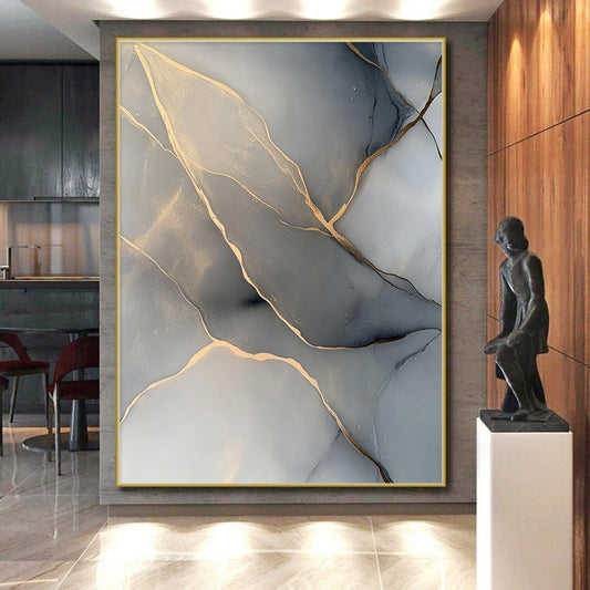 Gray, Gold, Veined Patterns "Marble Majesty" Abstract Painting On Canvas HB040