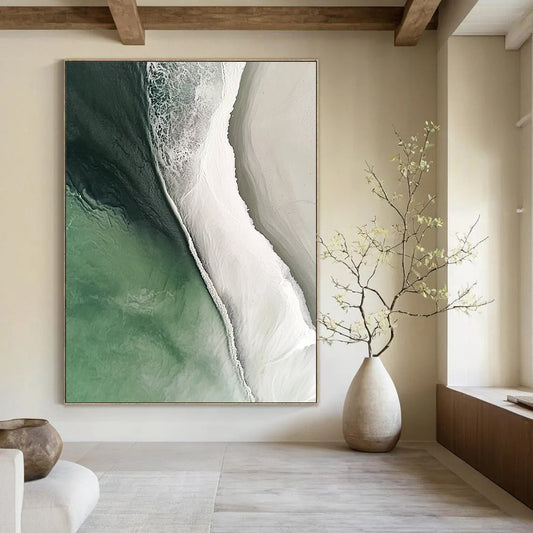 Contemporary hand-painted abstract artwork featuring a stunning beach scene with flowing water in white and green colors, capturing cinematic details and natural lighting. DLZ0840