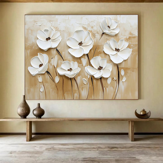 3D White Flowers on Beige - Textured Floral Relief Painting On Canvas HB0426