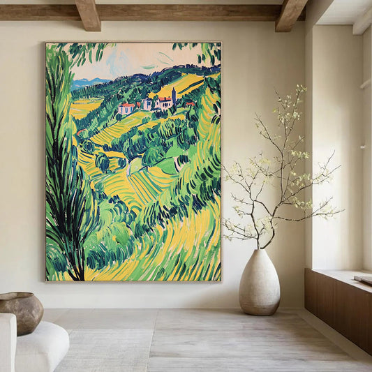 Contemporary hand-painted abstract artwork capturing a vibrant Valençay valley in green and yellow hues, showcasing a vintage style elegance. DLZ1692