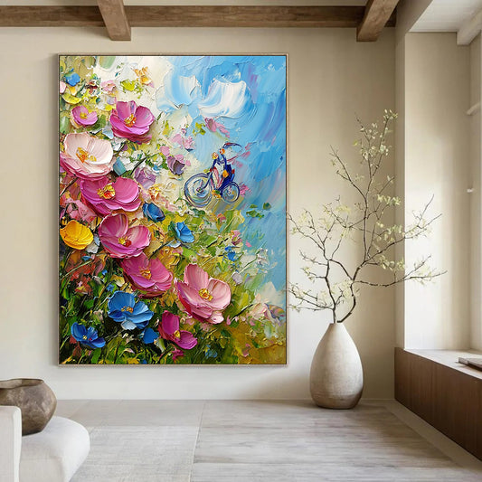Contemporary hand-painted abstract art features vibrant pink and blue wildflowers, created using a palette knife in an expressive Impressionist style. DLZ1259