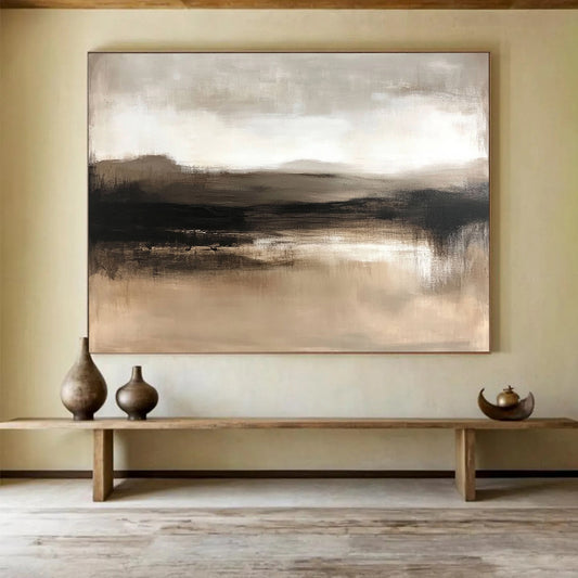 “Misty Earth Tones” - Warm Browns and Muted Grays, Hazy Landscape with Water Reflection Painting On Canvas HB0907