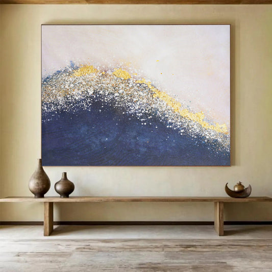 Gold & Blue Abstract Wave - Elegant Living Room or Bedroom Art DLZ268