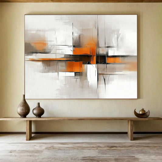 “Geometric Abstract in Gray and Orange” - Gray, orange, white, black; Geometric abstract with lines and blocks; Acrylic Painting On Canvas HB1219