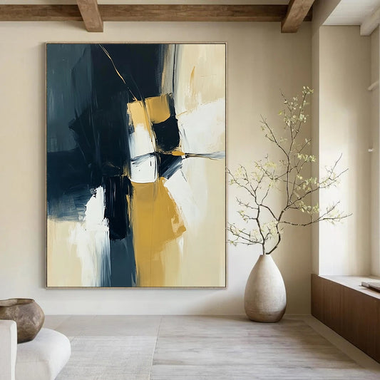 Contemporary hand-painted abstract art in navy blue, yellow, and white, showcasing dynamic textures and evoking emotional depth. DLZ0935